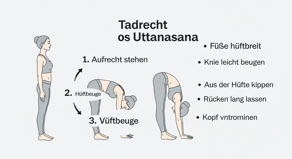 Infografik mit einer Schritt-für-Schritt-Anleitung zur korrekten Ausführung von Uttanasana.