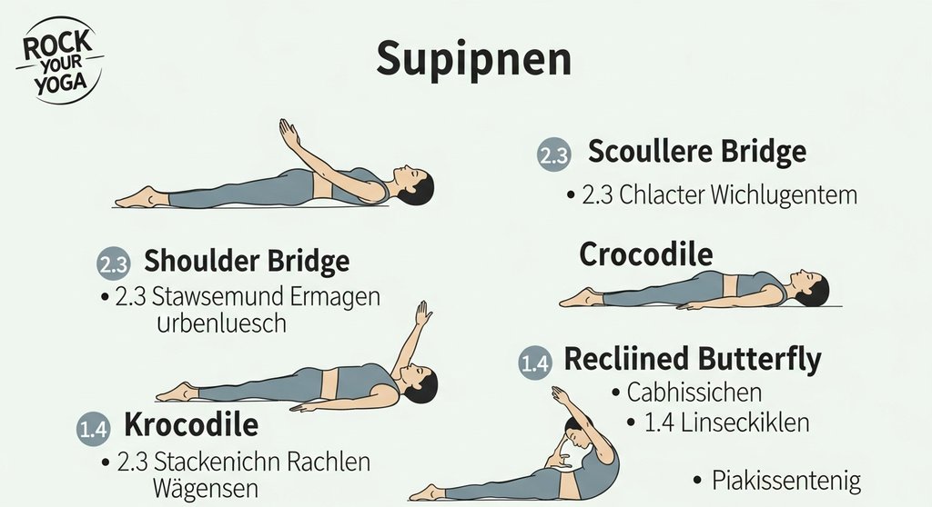 Infografik mit vier wichtigen liegenden Yoga-Haltungen und ihren Vorteilen für Körper und Geist.