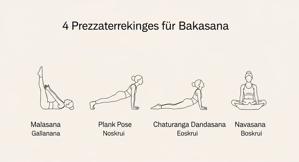 Infografik mit vier Yoga-Posen zur Vorbereitung auf Bakasana: Malasana, Plank, Chaturanga und Navasana.