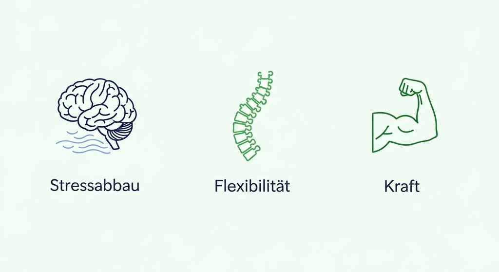 Infografik zeigt die drei Hauptvorteile von Yoga: Stressabbau, Flexibilität und Kraft.