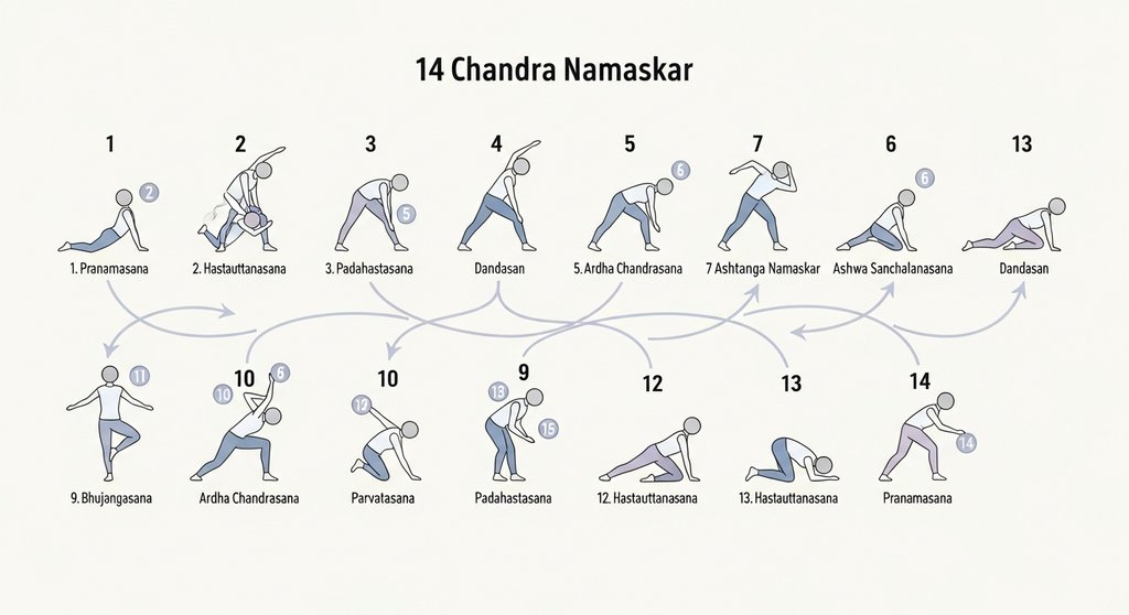 Infografik zeigt die Schritt-für-Schritt-Abfolge der Posen des Chandra Namaskar (Mondgruß).