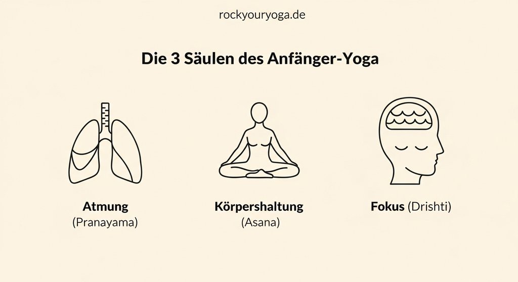 Infografik zu den drei Säulen des Yoga für Anfänger: Atmung, Körperhaltung und Fokus.