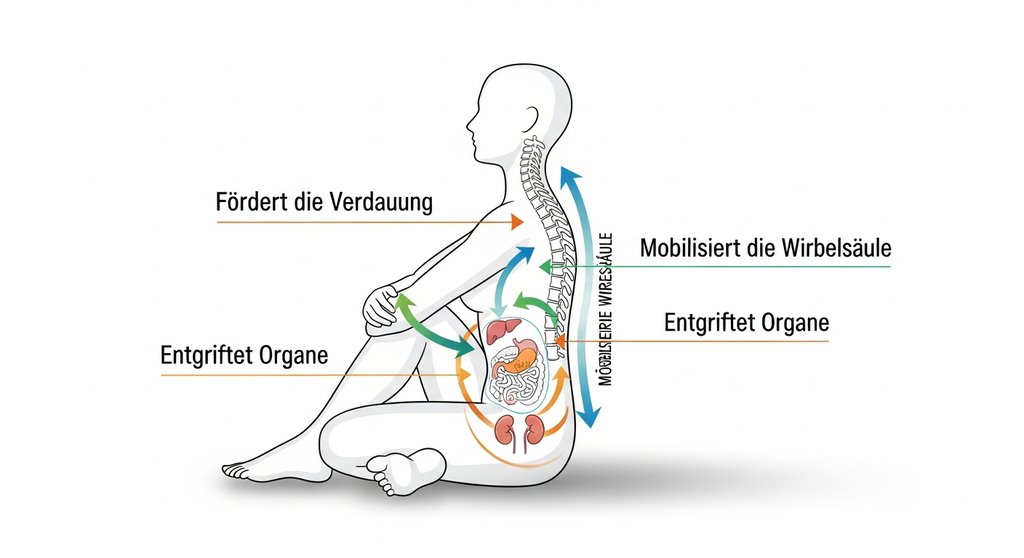Infografik zu den Vorteilen des Yoga Drehsitzes für Wirbelsäule und Organe.