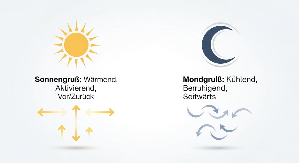 Infografik zum Unterschied zwischen dem aktivierenden Sonnengruß und dem beruhigenden Mondgruß.