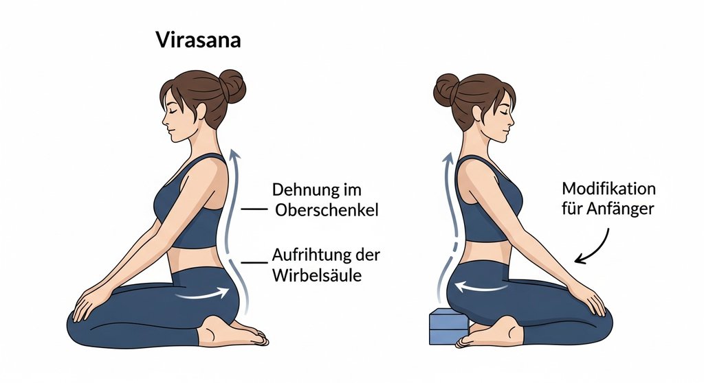 Infografik zur korrekten Ausführung und Modifikation des Heldensitzes Virasana mit einem Yogablock.