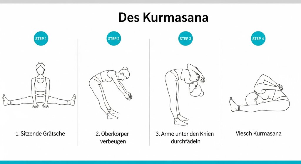 Schritt-für-Schritt-Anleitung als Infografik für die Yoga-Pose Kurmasana.
