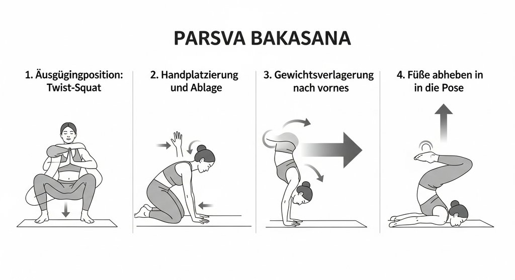 Schritt-für-Schritt-Infografik zur Ausführung der Seitlichen Krähe.