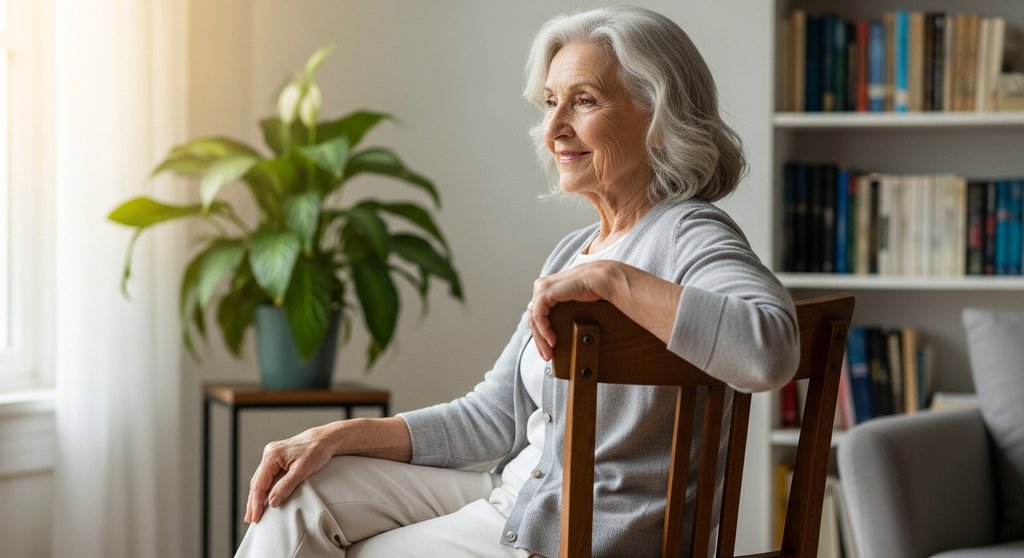 Seniorin praktiziert eine Stuhlyoga-Übung für mehr Beweglichkeit im Rücken.