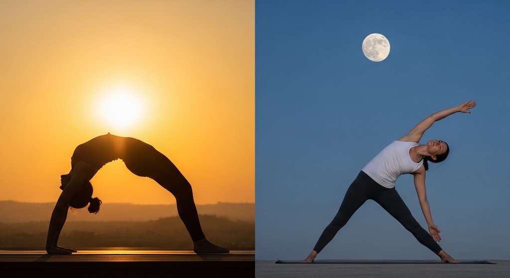Vergleich von Sonnengruß (Surya Namaskar) und Mondgruß (Chandra Namaskar) bei Tag und Nacht.