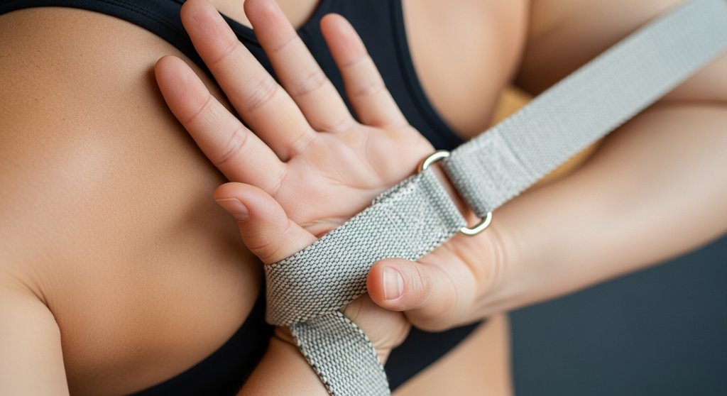 Verwendung eines Yogagurts als Hilfsmittel für die Armhaltung im Kuhgesicht.