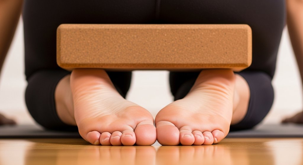 Yogablock als Hilfsmittel im Heldensitz zur Entlastung der Knie.